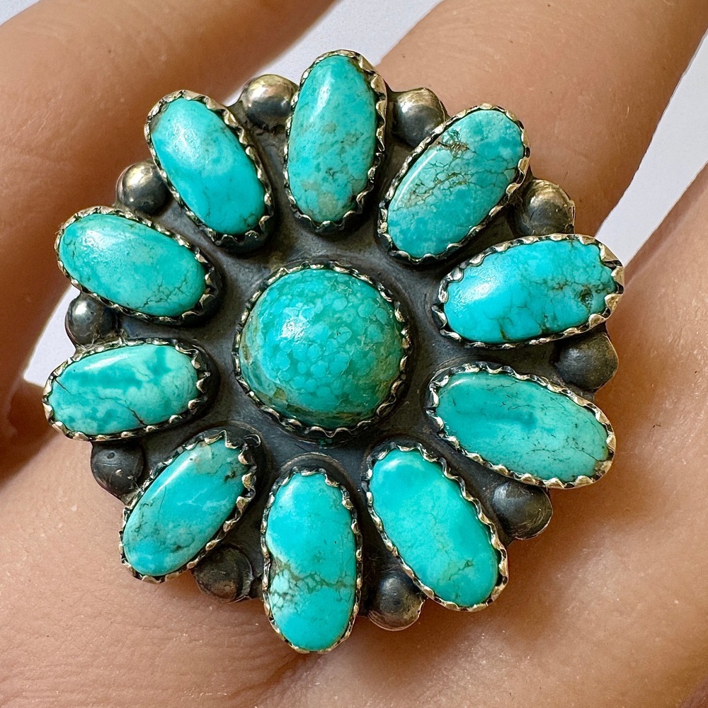 Navajo Turquoise Cluster Ring Sz 6 Sterling Signed ML Perry Native American